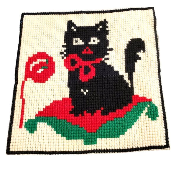 Vintage Gobelin Needlepoint Black Cat Kitten 14x14 Completed Canvas L 01.44 - Picture 12 of 12